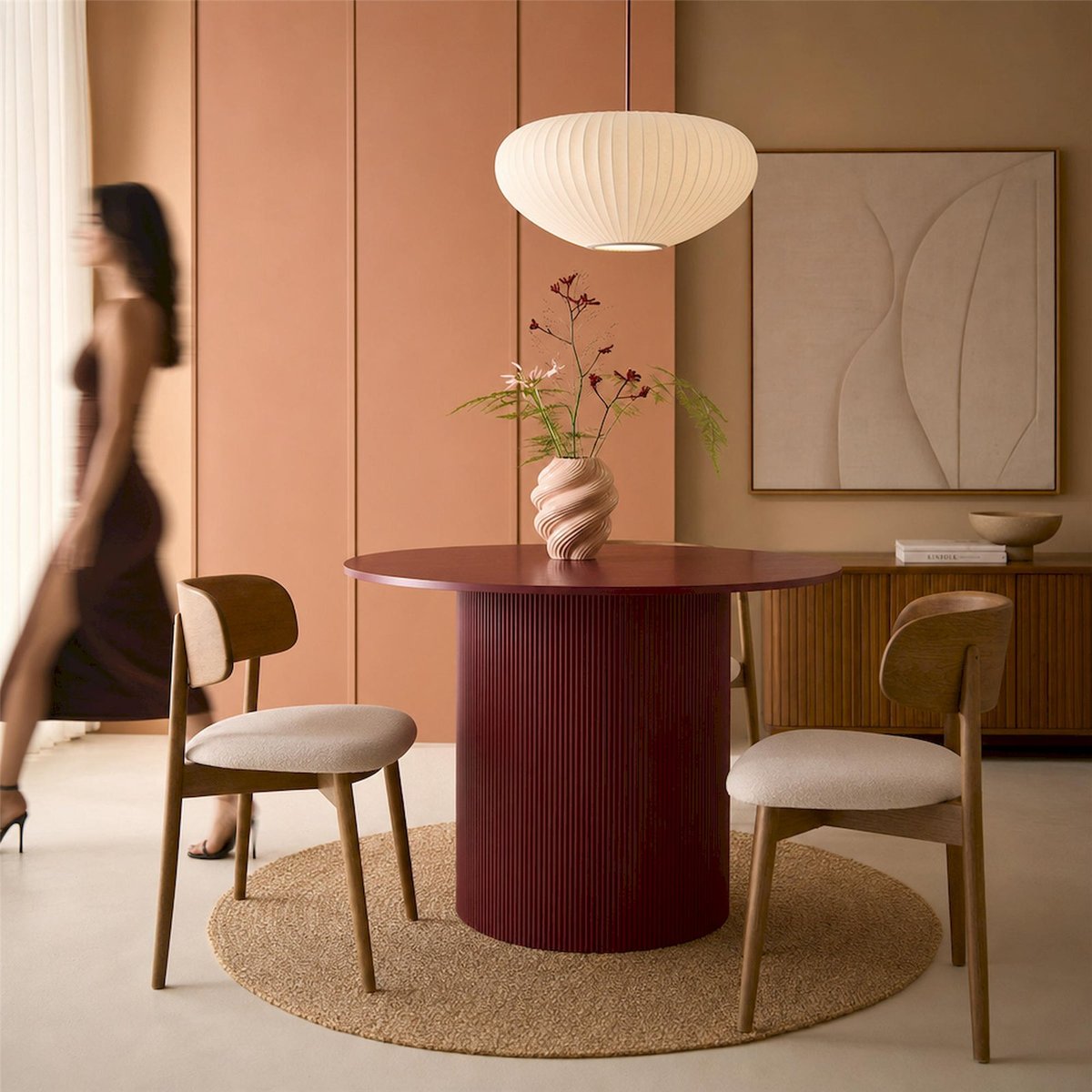 Table ronde à pied rainuré collection LENOX bordeaux, RECOLLECTION