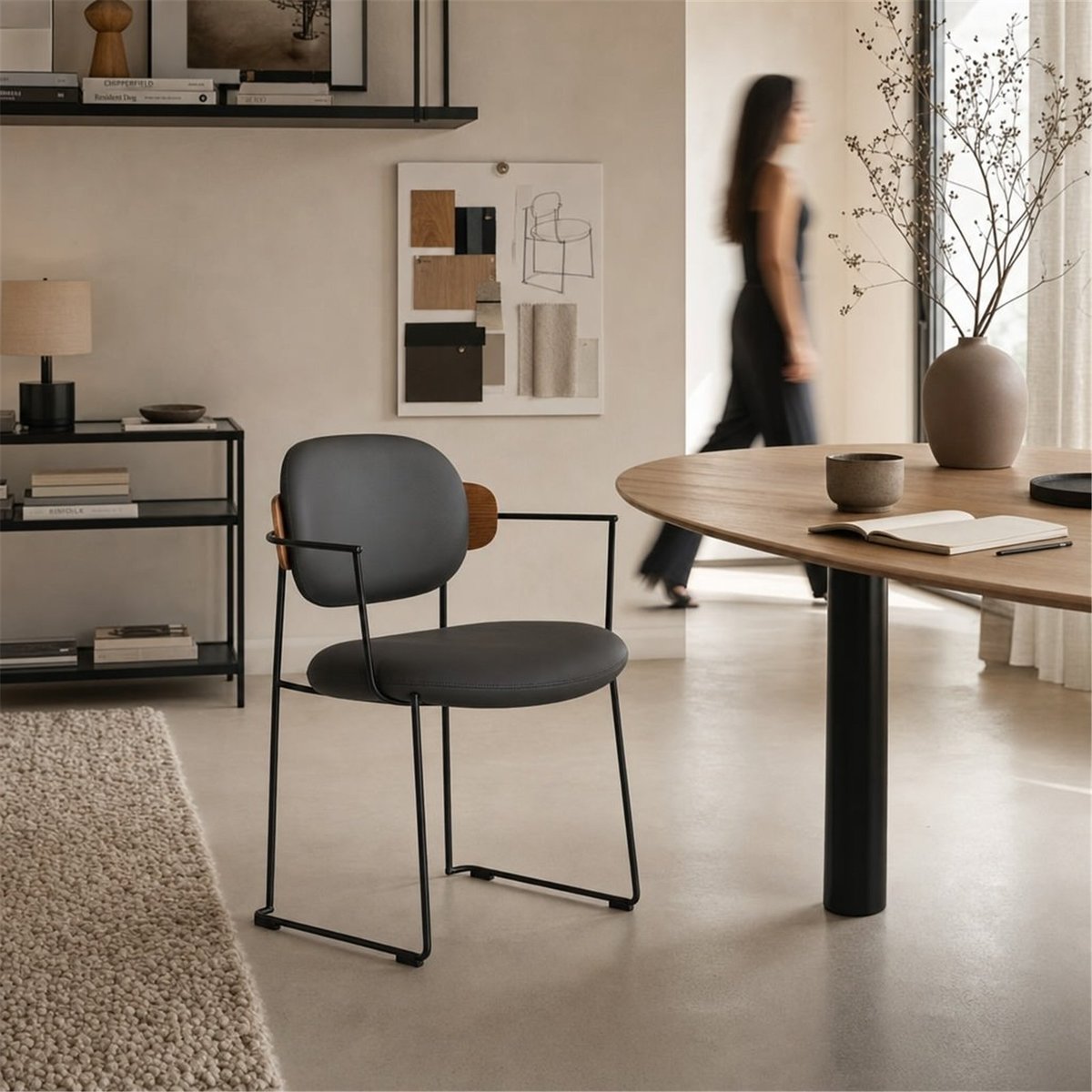 Chaise en métal et bois style contemporain noir, naturel et gris, RECOLLECTION