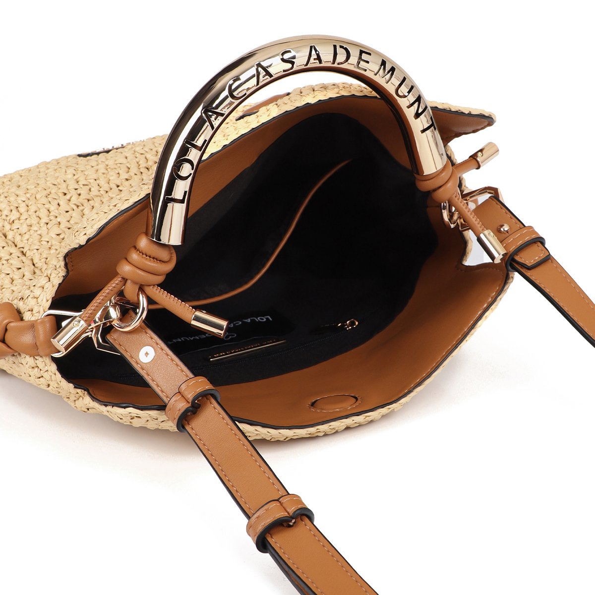 Sac à bandoulière combiné effet raphia avec poignée logo beige clair, LOLA CASADEMUNT