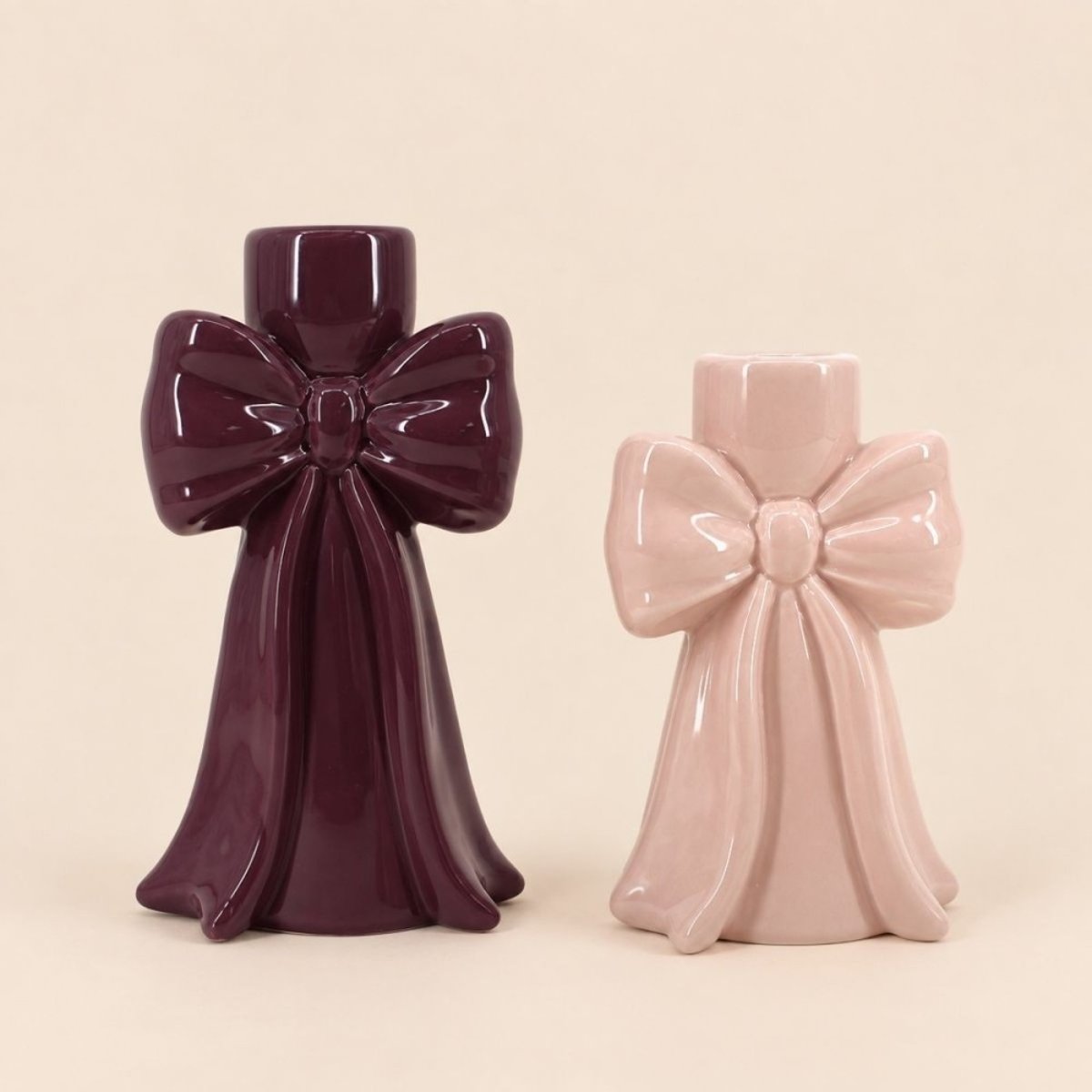 Set de 2 bougeoirs en céramique noeud violet et rose violet, ORNAMI