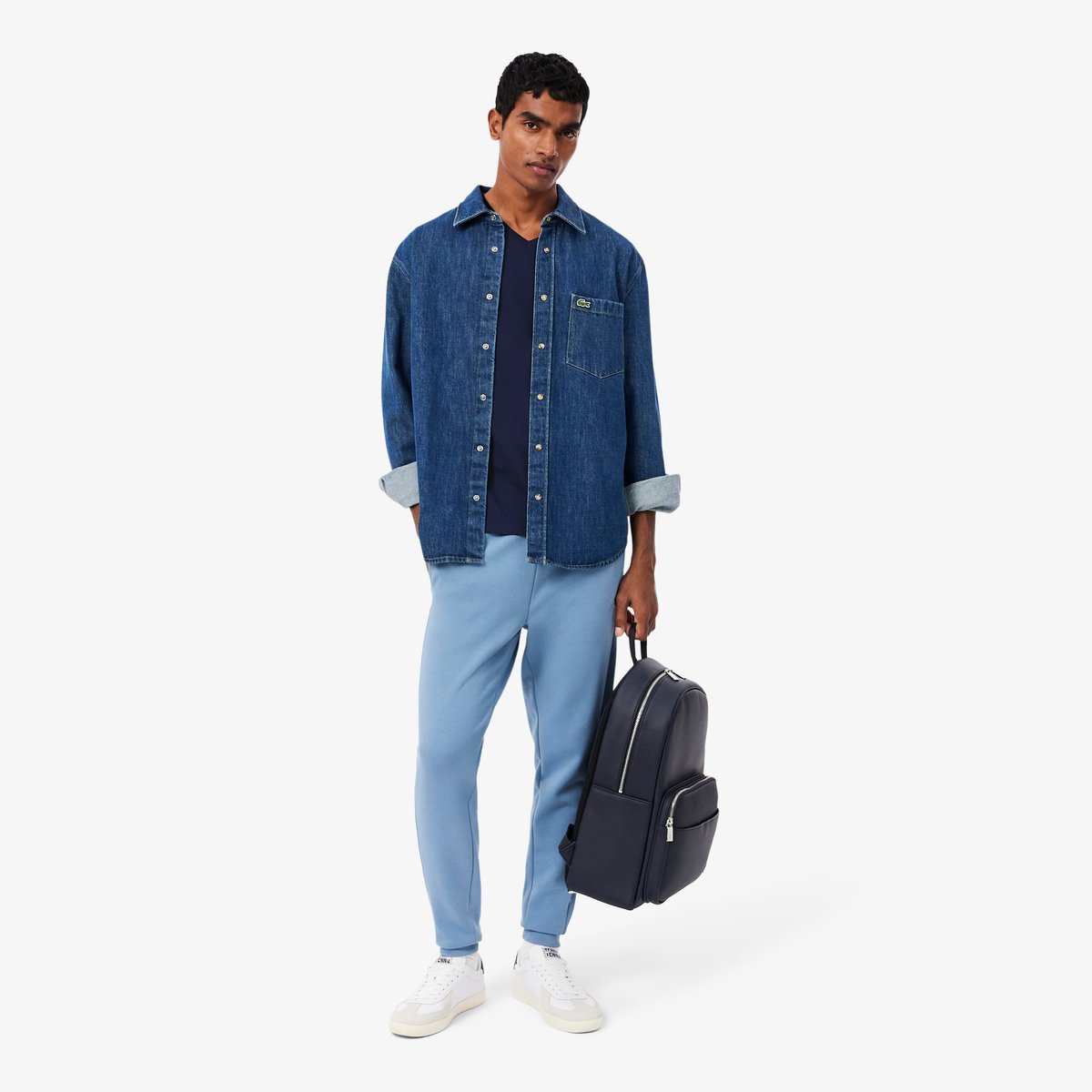 T-shirt coton Pima léger col V bleu-166, LACOSTE