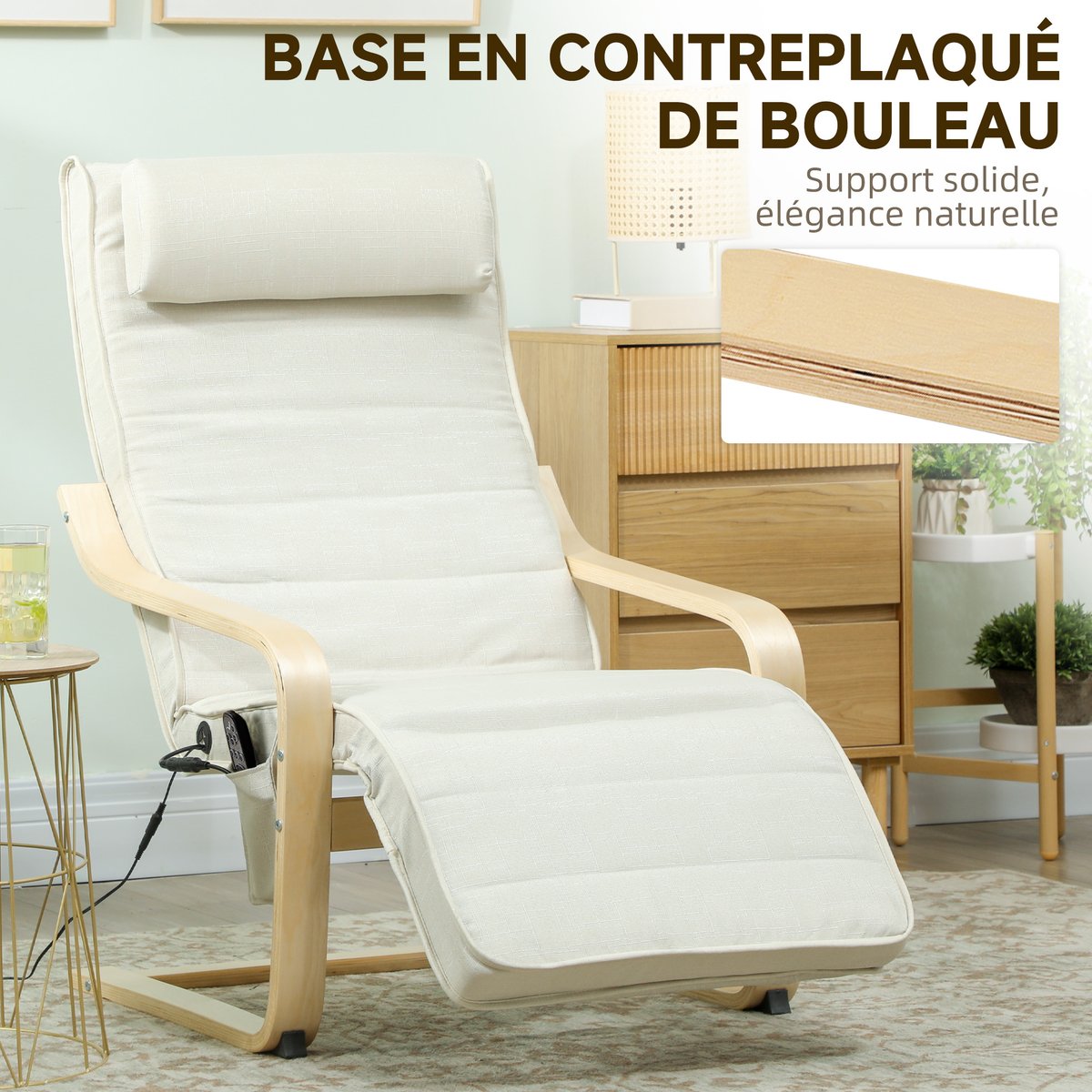 Accent Chair Lin Blanc crème, bois naturel, HOMCOM