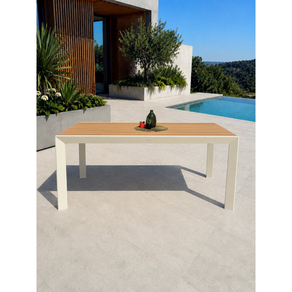Table de jardin en alu plateau polywood aspect bois TONGA grège, DCB GARDEN