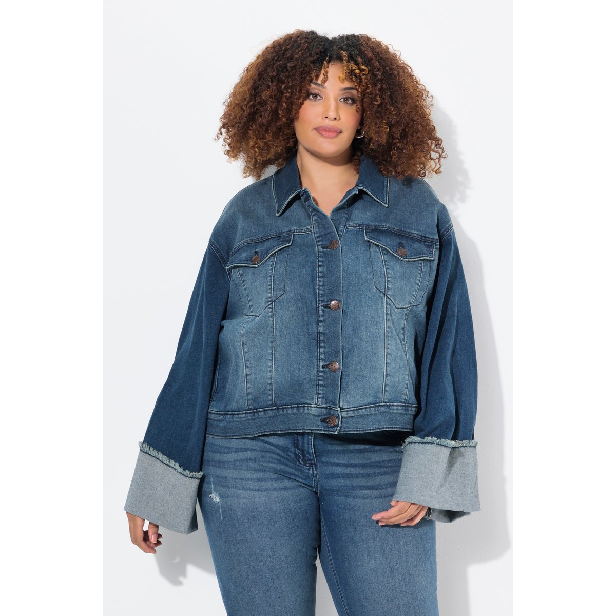 Veste en jean, franges et col chemise bleu jean, ULLA POPKEN