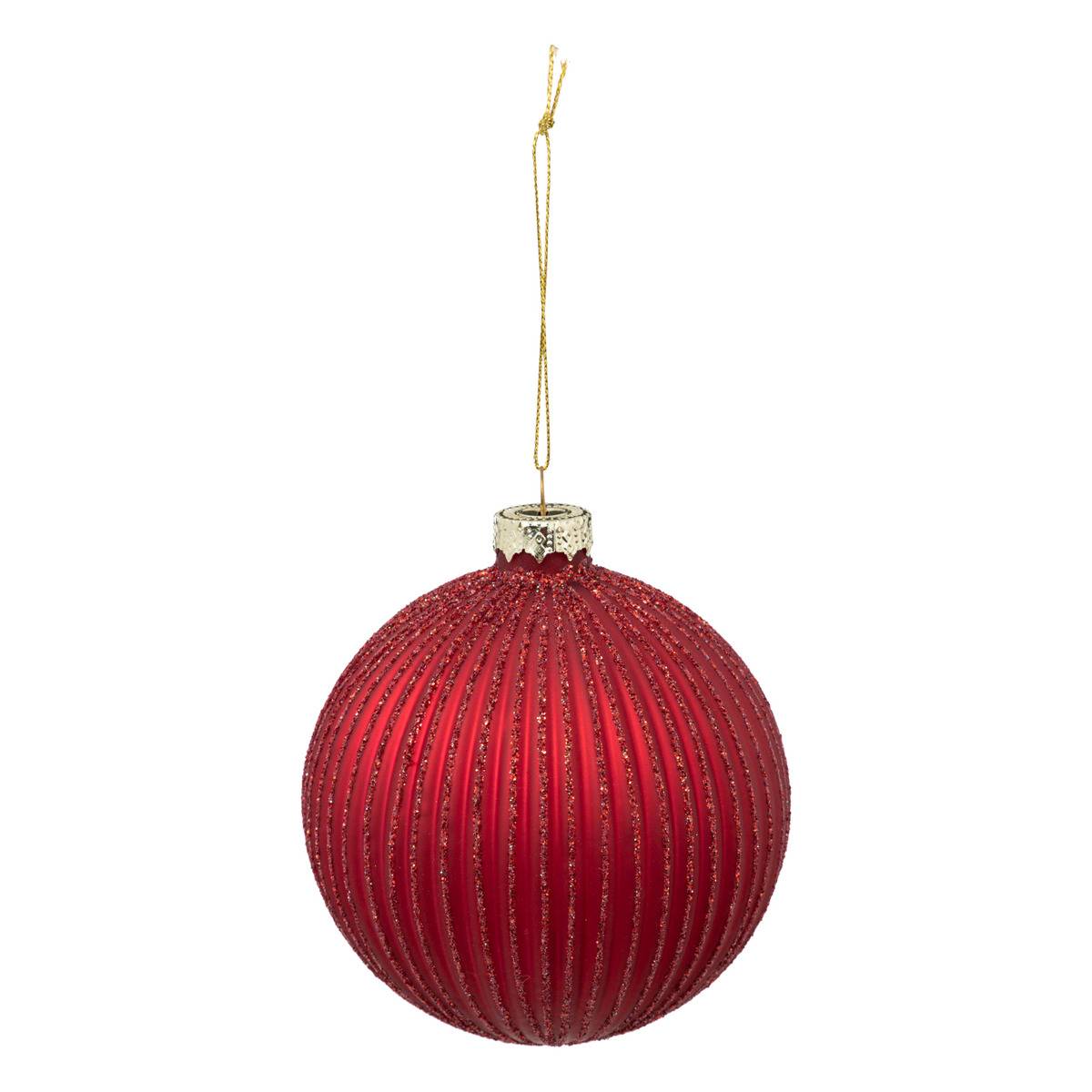 Boule striée pailletée 10 cm verre rouge, FEERIC LIGHTS & CHRISTMAS