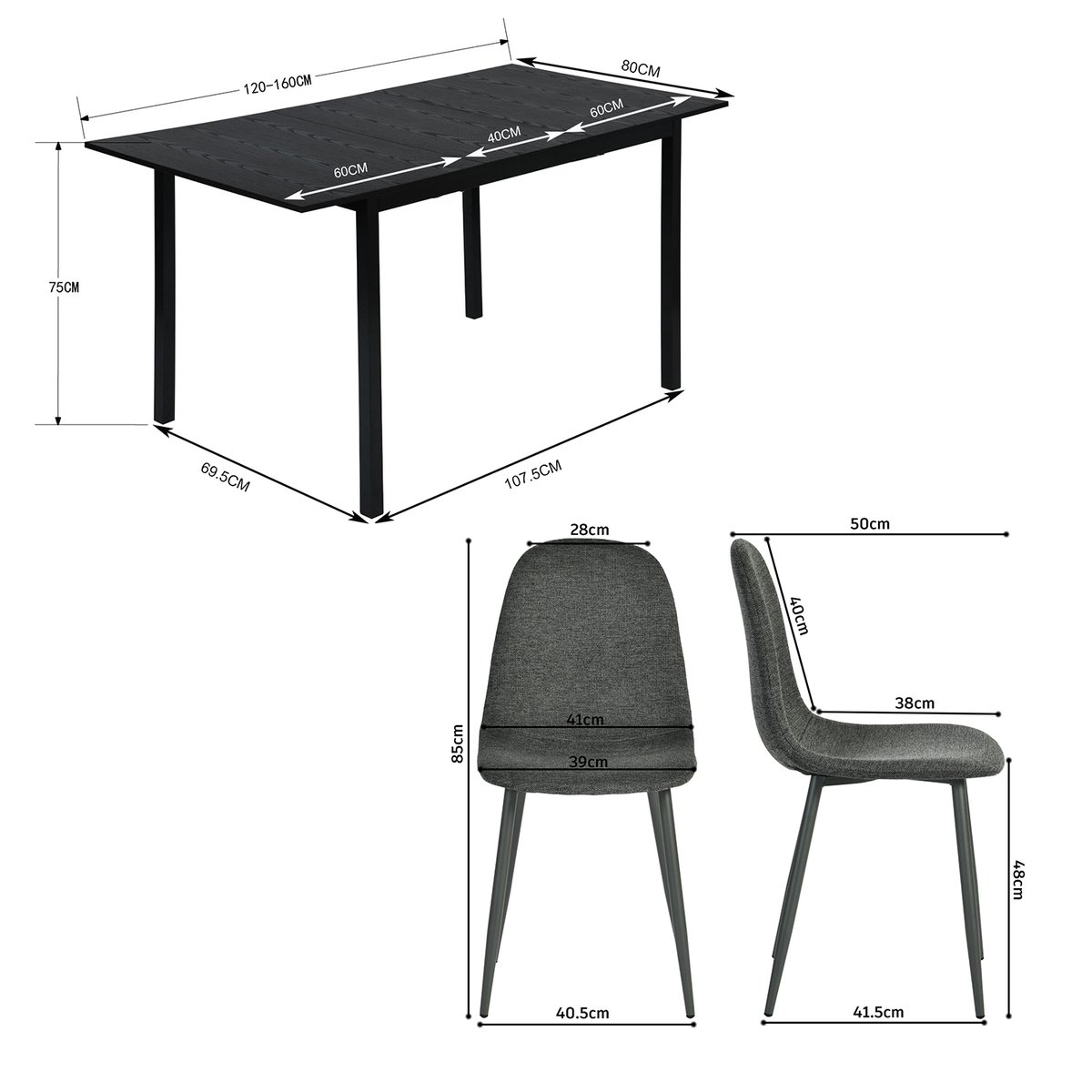 Ensemble de table à manger extensible à allonge avec 4 chaises, BARICHARLTON gris foncé, MEUBLES COSY