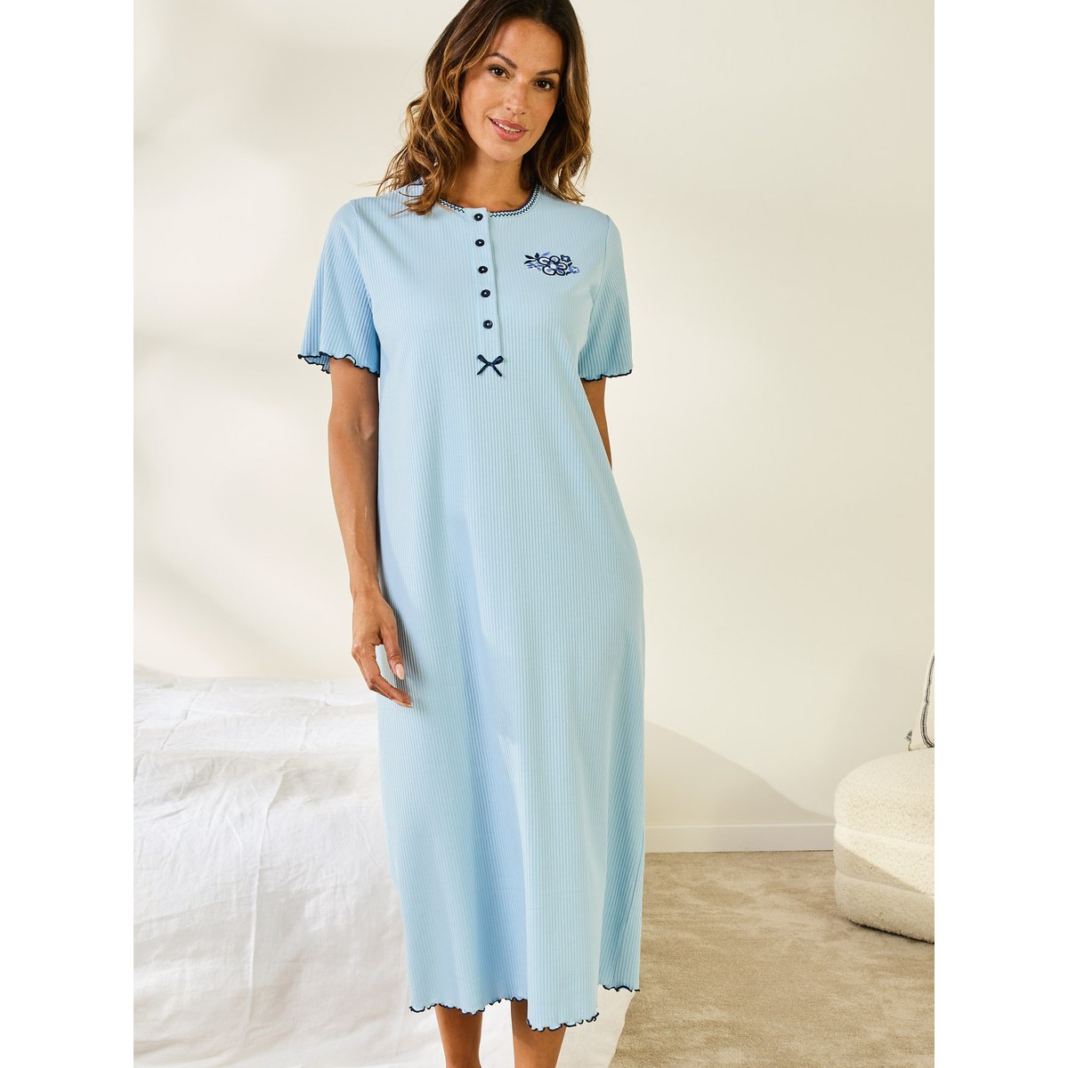 Chemise de nuit longue coton bleu, DAXON