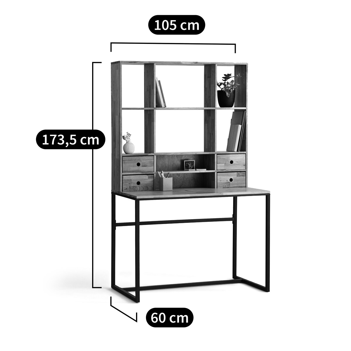 Bureau chêne plaqué métal acier avec réhausse Hiba chêne/noir, LA REDOUTE INTERIEURS