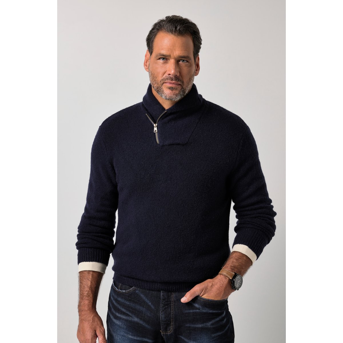 Pull, mélange de laine, col châle bleu marine, JP1880