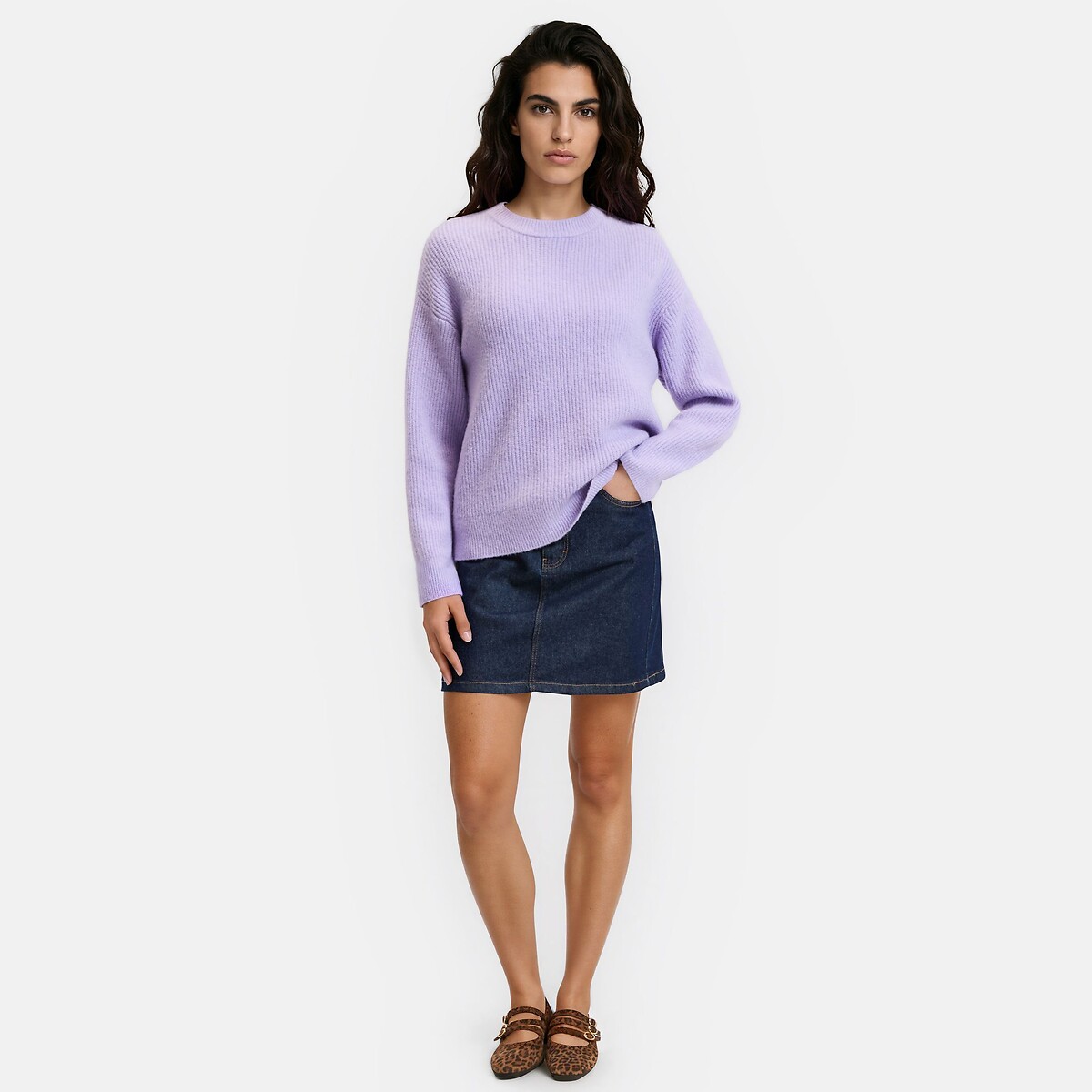 Jersey de cuello redondo de punto acanalado, corte ancho lila, LA REDOUTE COLLECTIONS