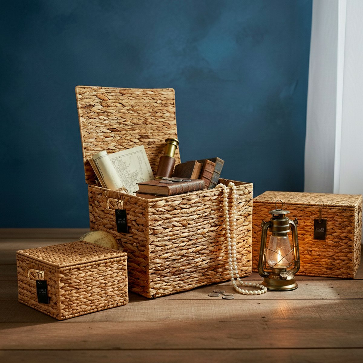 Set de 3 coffres de rangement en jacinthe d'eau tressée 50x40x38cm bois, URBAN LIVING