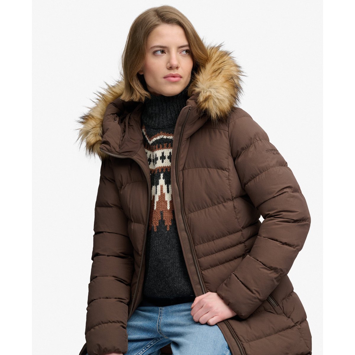Manteau Fuji Mi-Long à Capuche en imitation Fourrure marron fougère, SUPERDRY