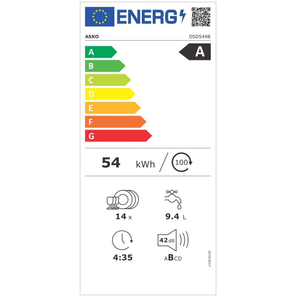 Lave vaisselle encastrable DSD544B écran tactile et bras de lavage inox couleur unique, ASKO