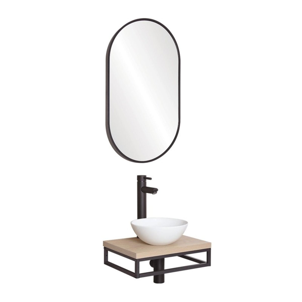 Lave-mains fin +vasque+robinet+miroir SOHO décor chêne, MOB IN