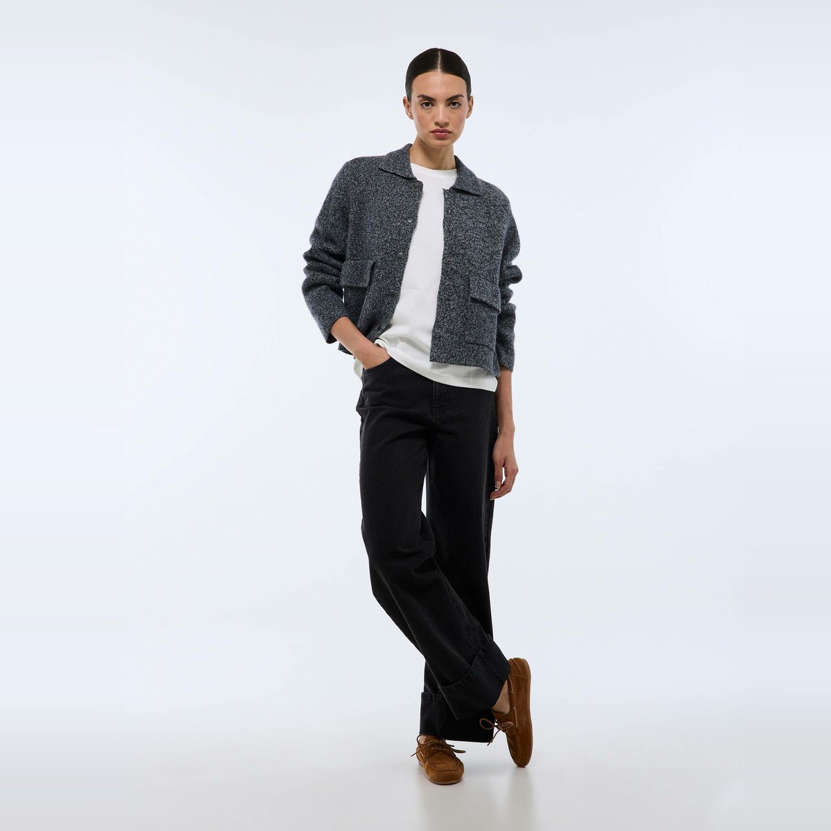 Veste en maille avec poches à rabat gris chine fonce, MONOPRIX