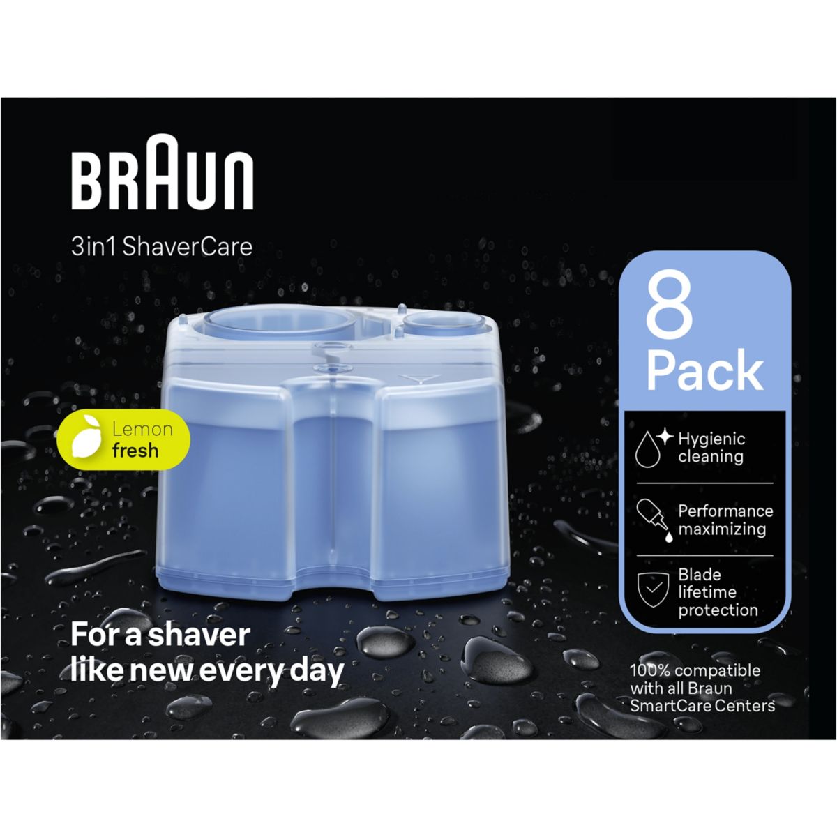 Cartouche nettoyante nettoyante ShaverCare 3-en-1 pour rasoir x8 cartouches couleur unique, BRAUN