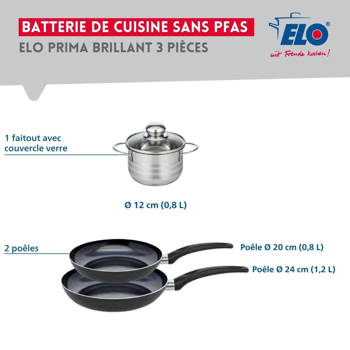 Batterie 2 poêles 20/24cm + 1 faitout 12cm PRIMA BRILLANT noir, ELO