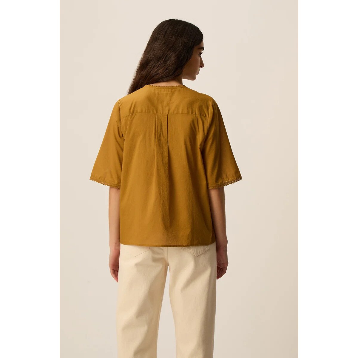 Blouse à manches courtes avec détails en dentelle, SALEM ocre, DES PETITS HAUTS