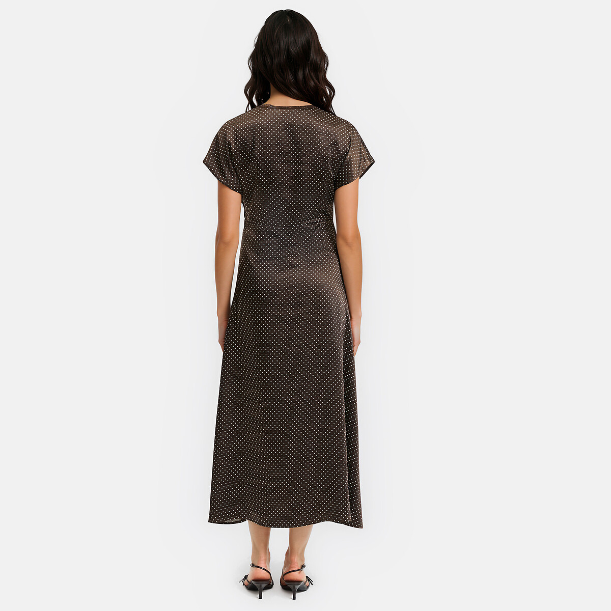 Langes, gepunktetes Satinkleid mit kurzen Ärmeln imprimé pois marron/écru, LA REDOUTE COLLECTIONS