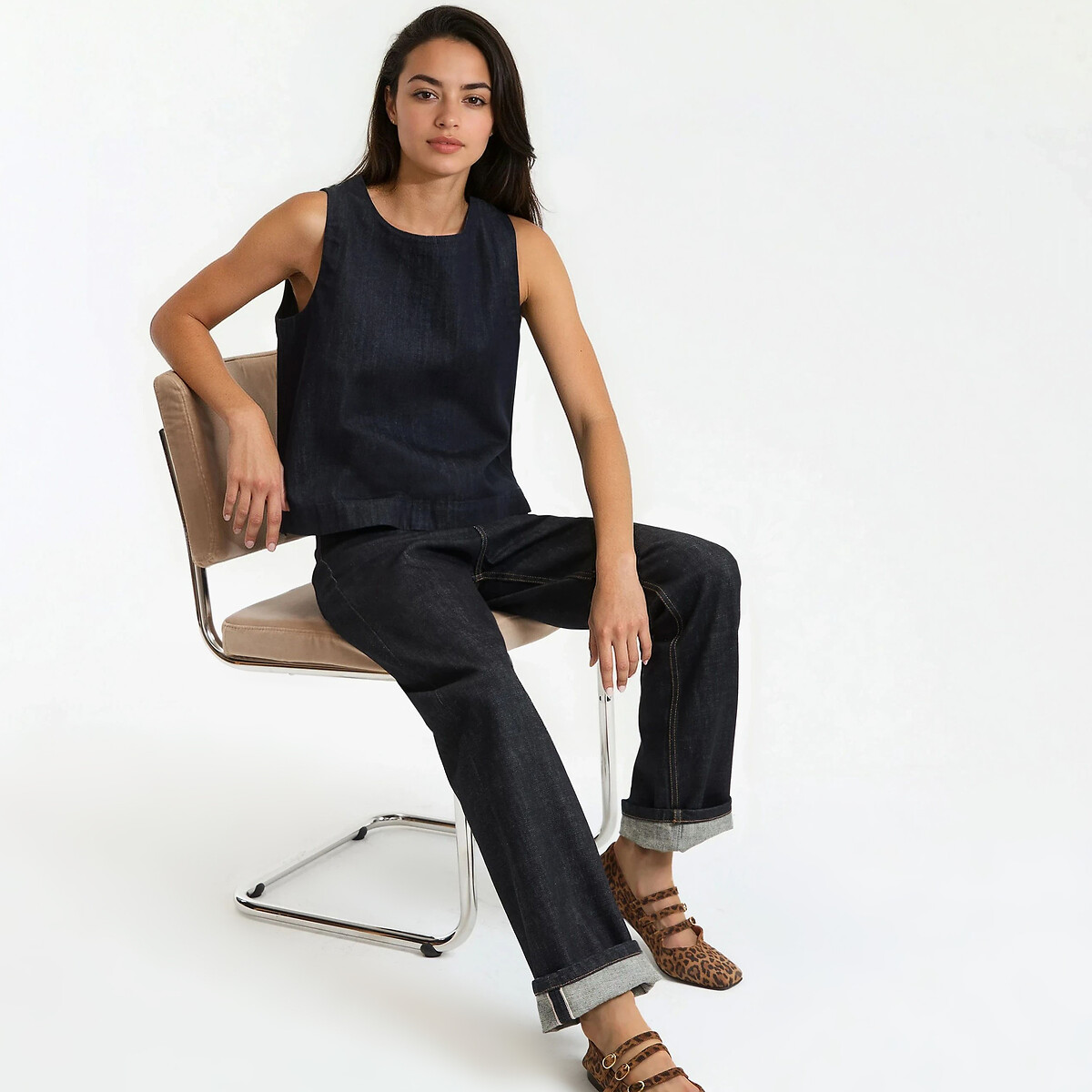 Top sans manches en denim, col rond bleu brut, LA REDOUTE COLLECTIONS