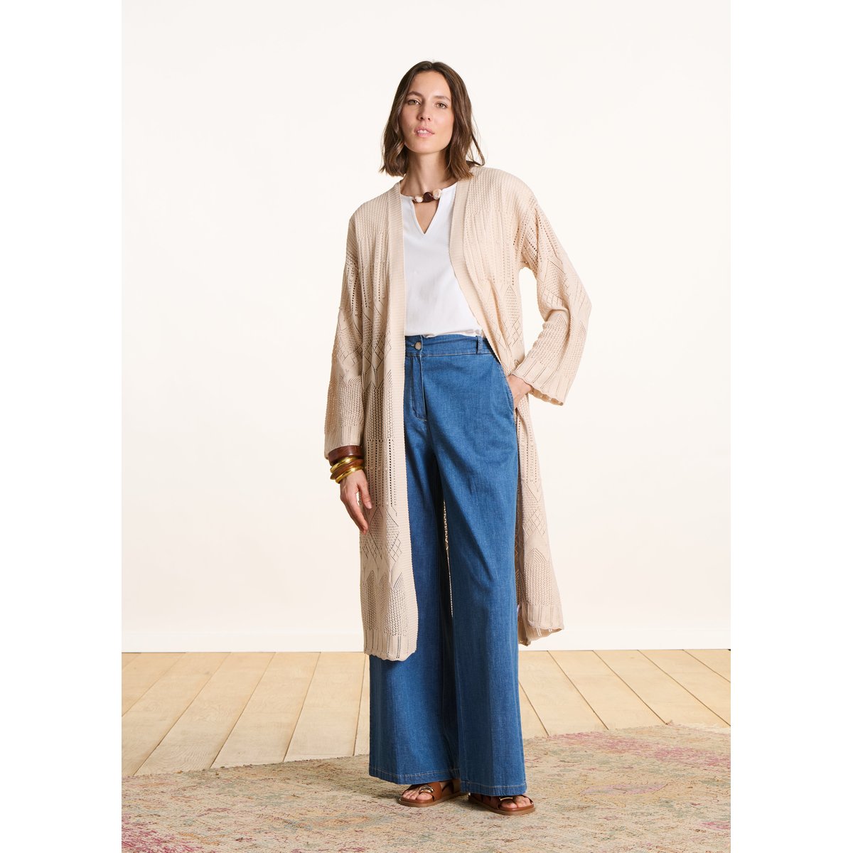 Gilet long en maille pointelle sahara, LA FEE MARABOUTEE