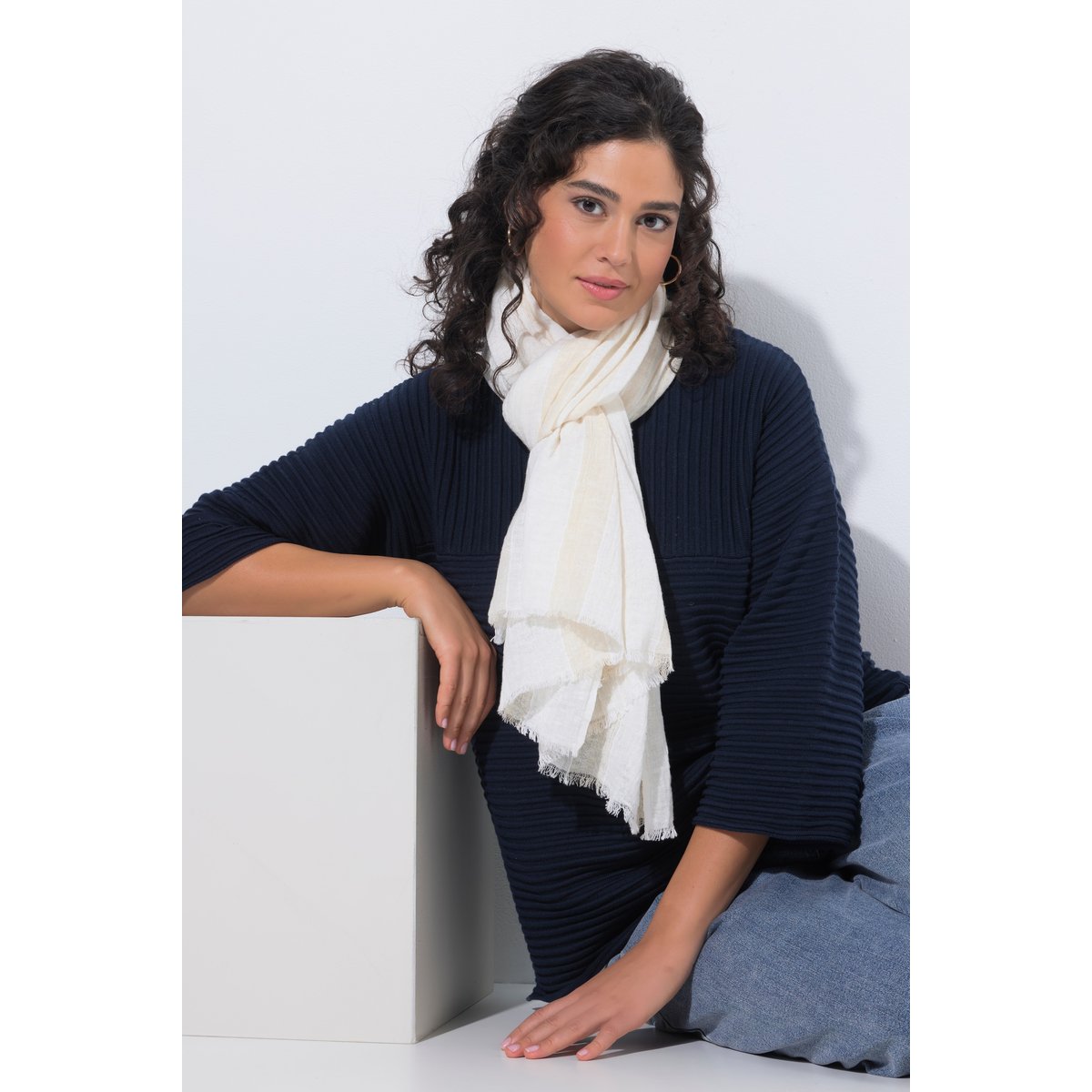 Écharpe en lin mélangé, rayures beige, ULLA POPKEN