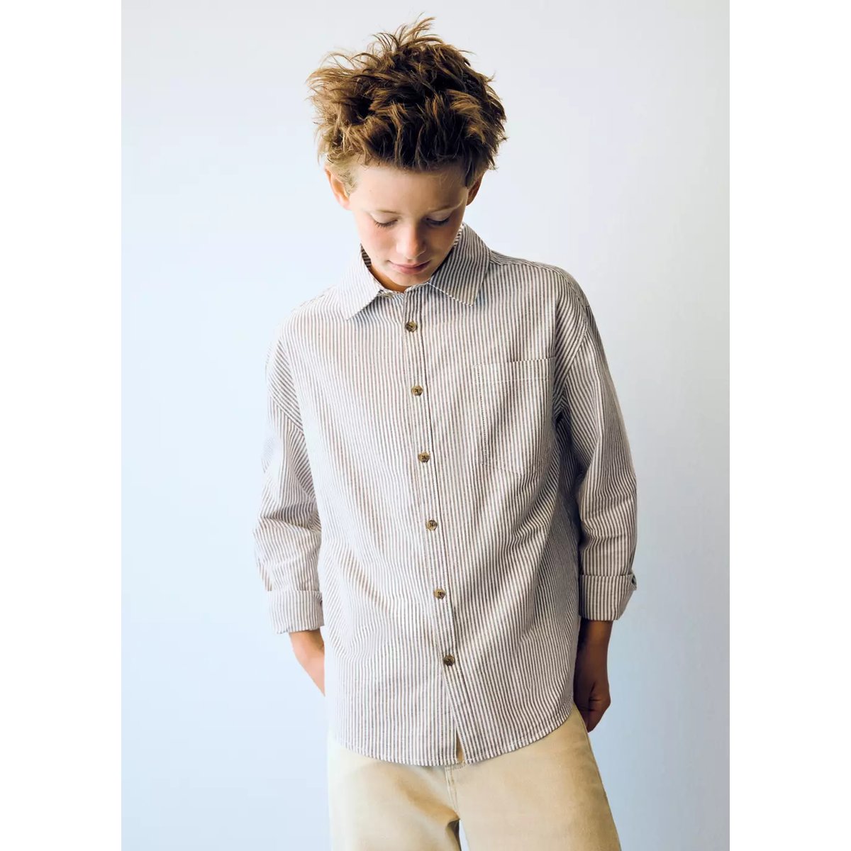 Chemise oxford rayée marron, MANGO KIDS