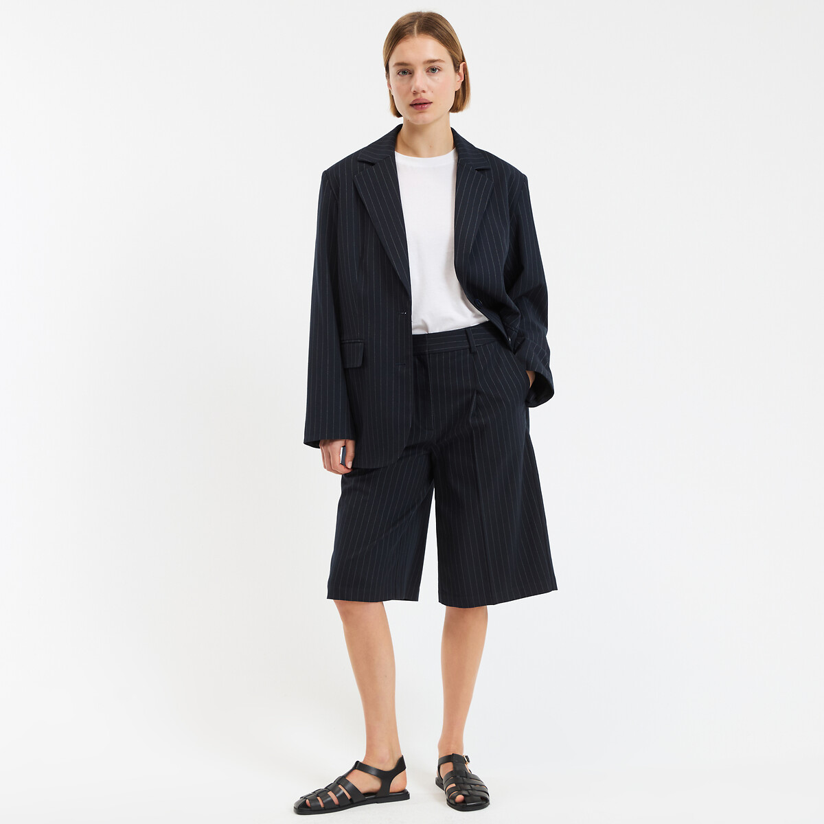 Striped Pleated Bermuda Shorts navy/off-white striped, LA REDOUTE COLLECTIONS