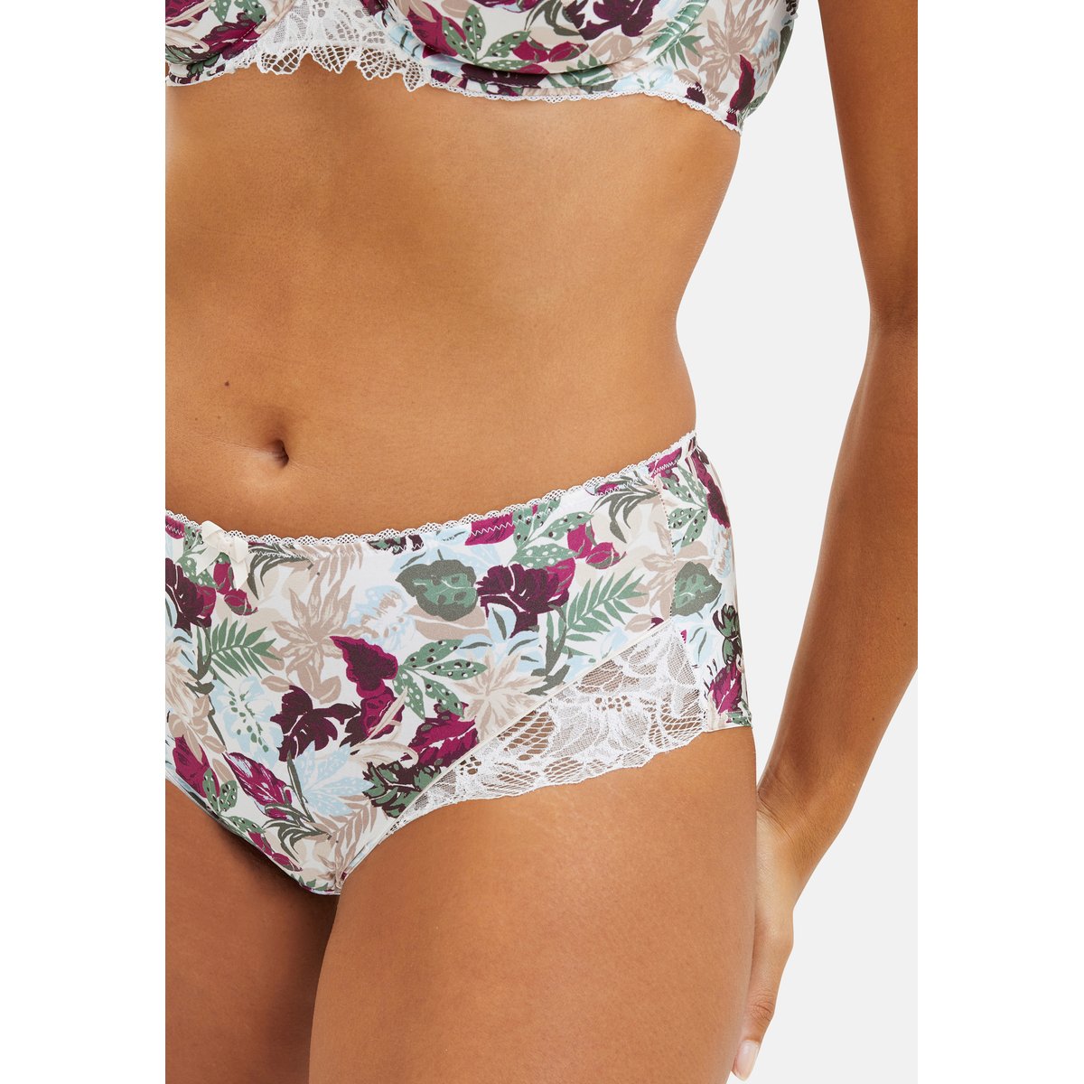 Shorty en microfibre et dentelle Mathilde imprimé vegetal jungle ivoire, SANS COMPLEXE