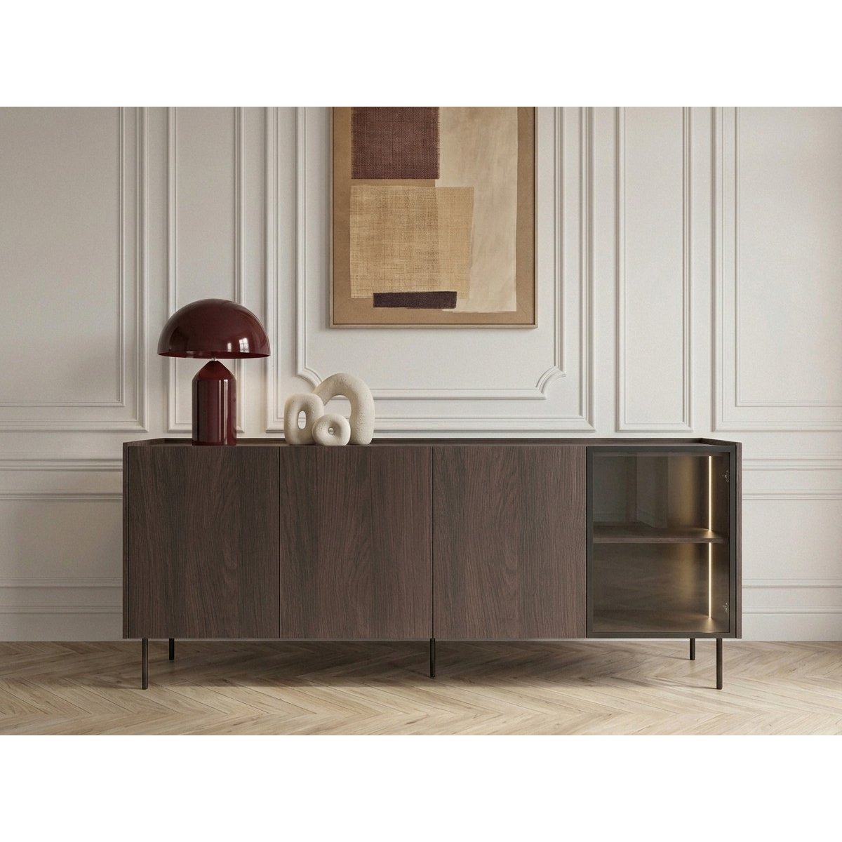 Buffet bas en  4 portes 220 cm, AURORA noir et noyer, BOBOCHIC
