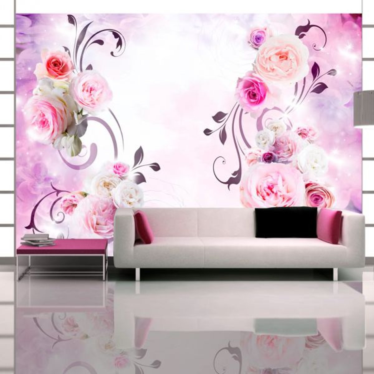 Papier peint intissé panoramique Fleurs Rose variations gris / argent, EDEN