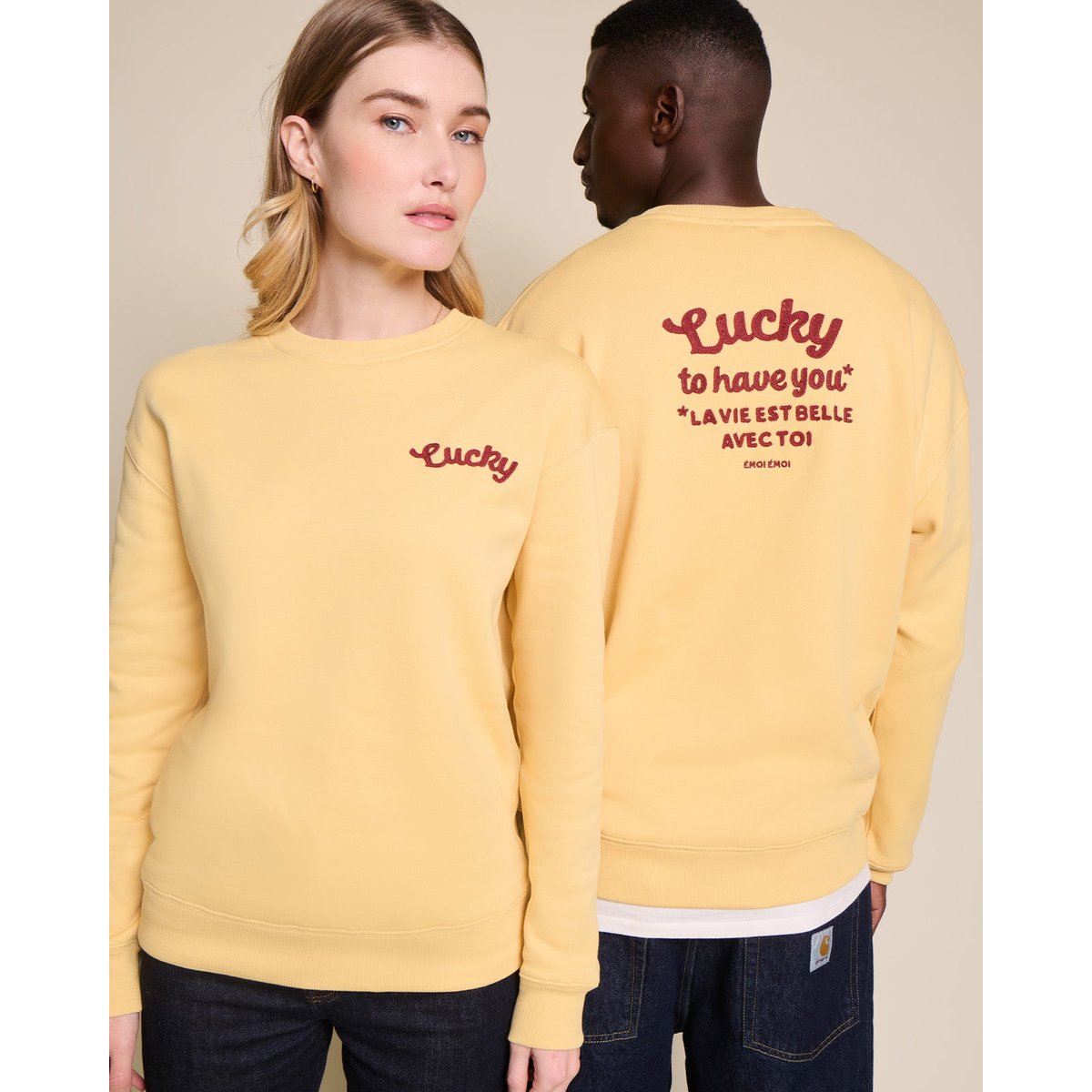 Sweat dos brodé en coton bio, LUCKY jaune - maïs, EMOI EMOI