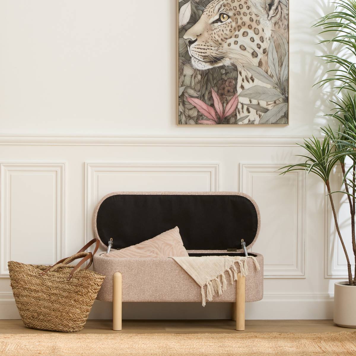 Banc coffre ovale 1 place en pin MUKA beige, ATMOSPHERA