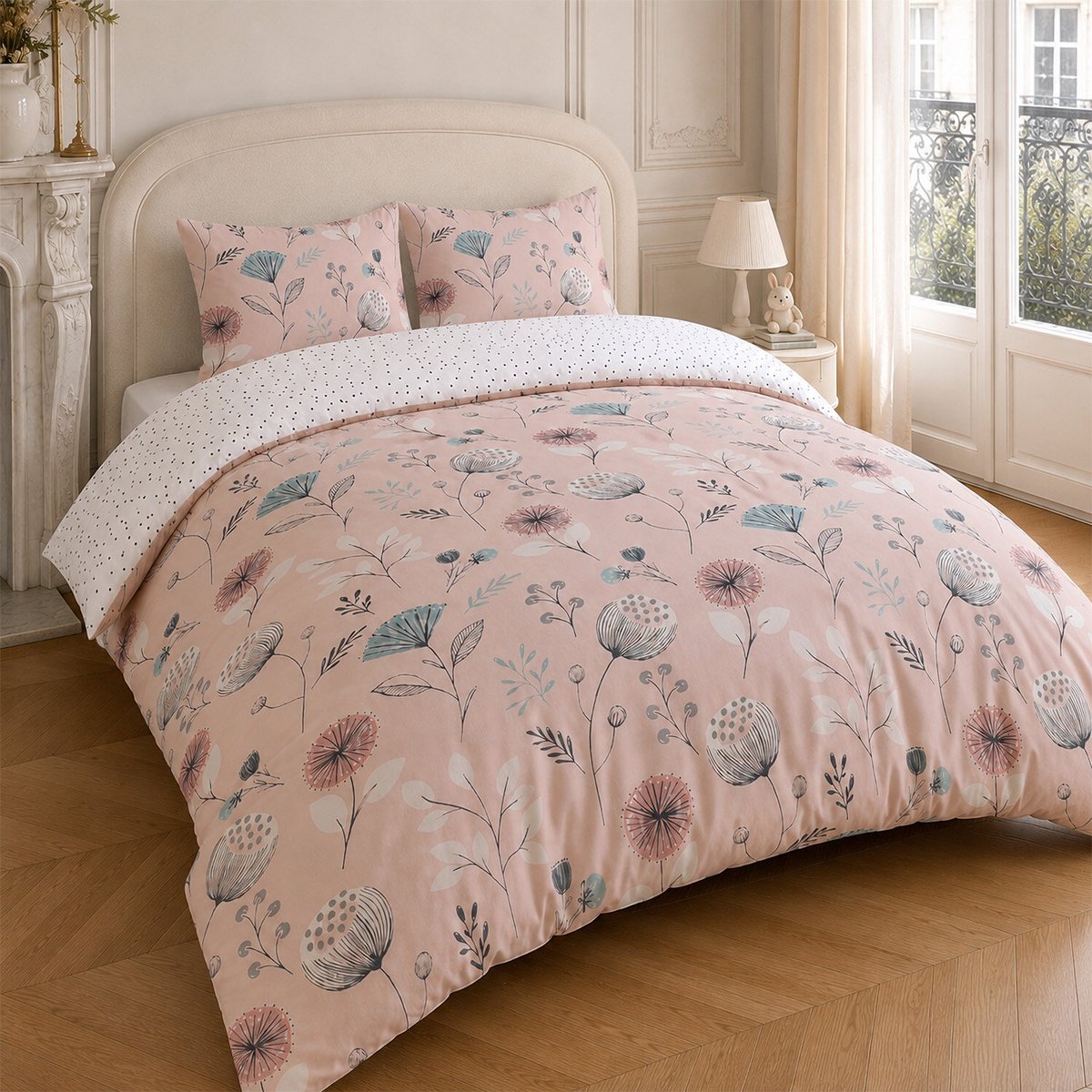 Parure housse de couette en coton floral rose, OLIA rose, C DESIGN HOME TEXTILE