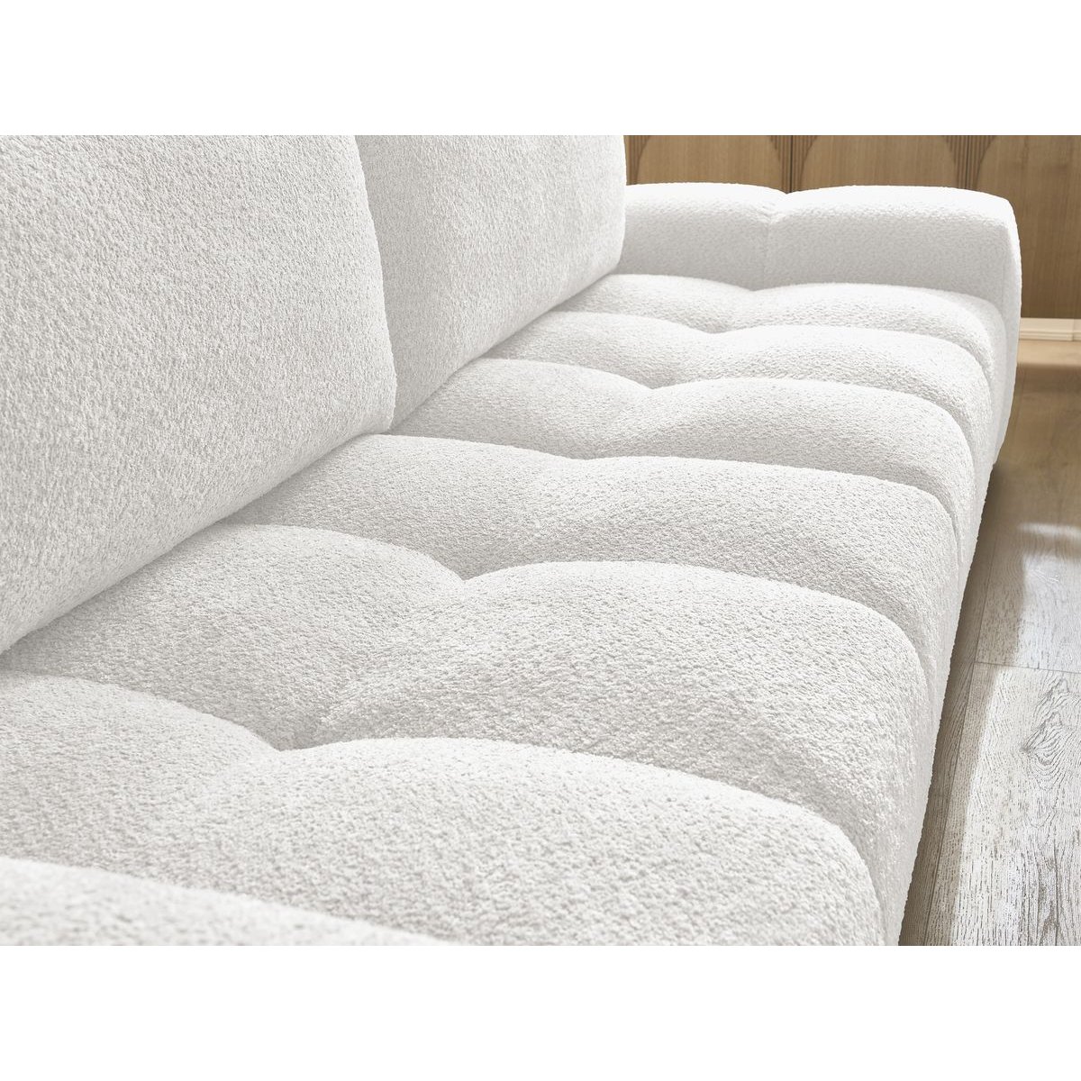 Canapé droit convertible 4 places en tissu bouclette avec pouf, ANAKIN blanc, BOBOCHIC