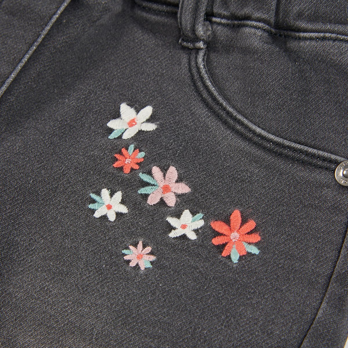 Pantalon denim fille brodé de fleurs noir, BOBOLI