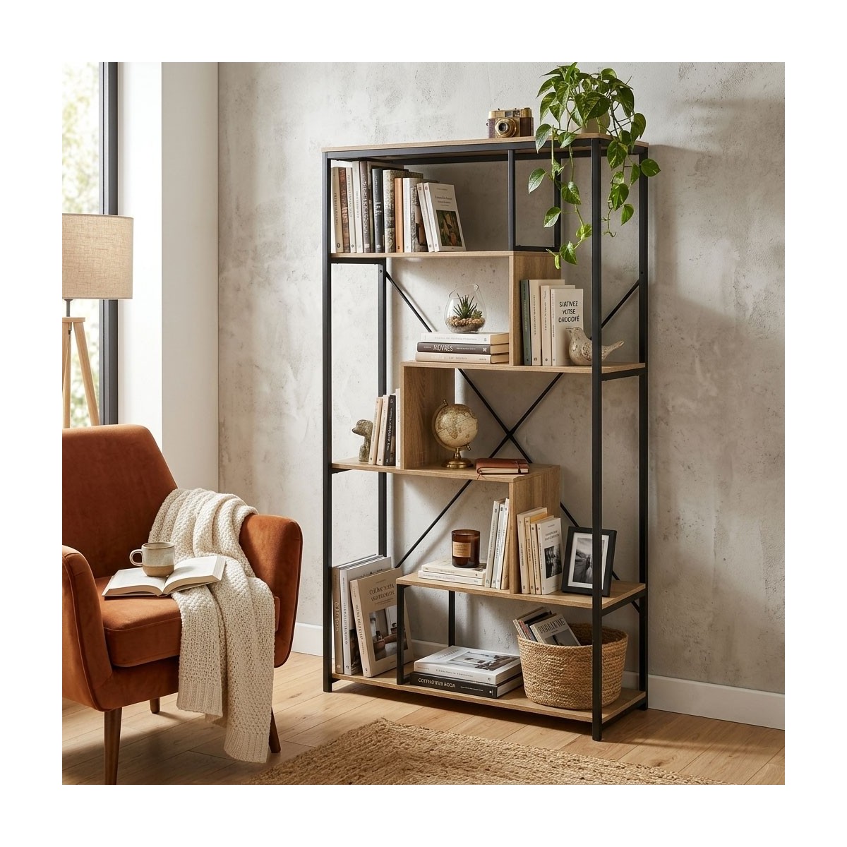 Bibliothèque avec étagères 6 niveaux H160 cm bois foncé, CALICOSY