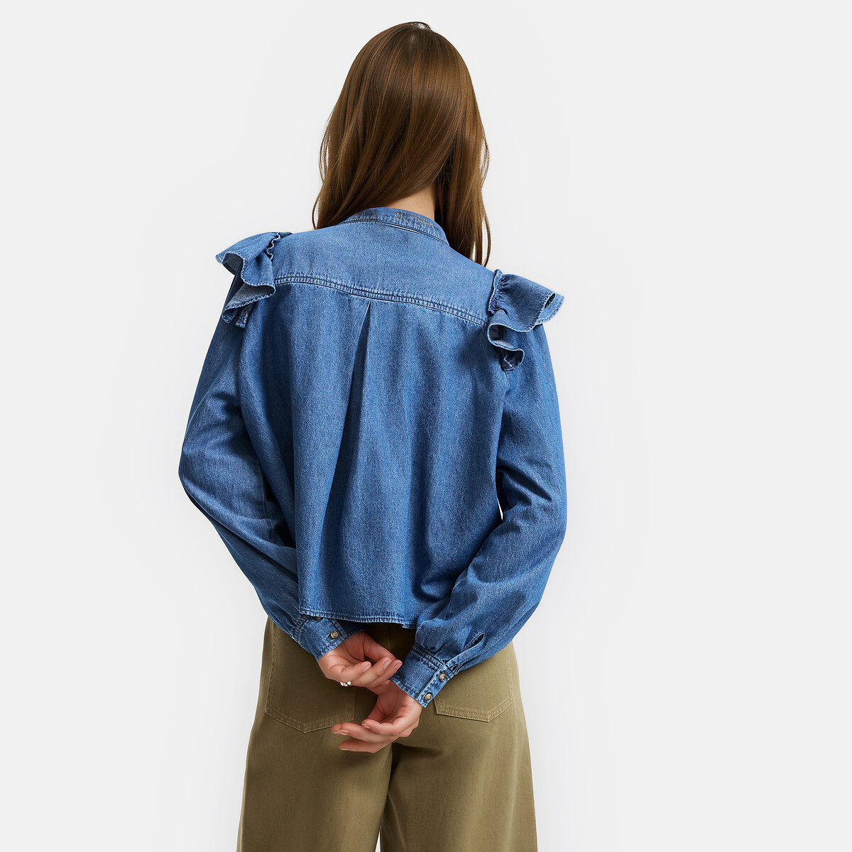 Ruffled Crew Neck Denim Shirt stonewashed blue, LA REDOUTE COLLECTIONS