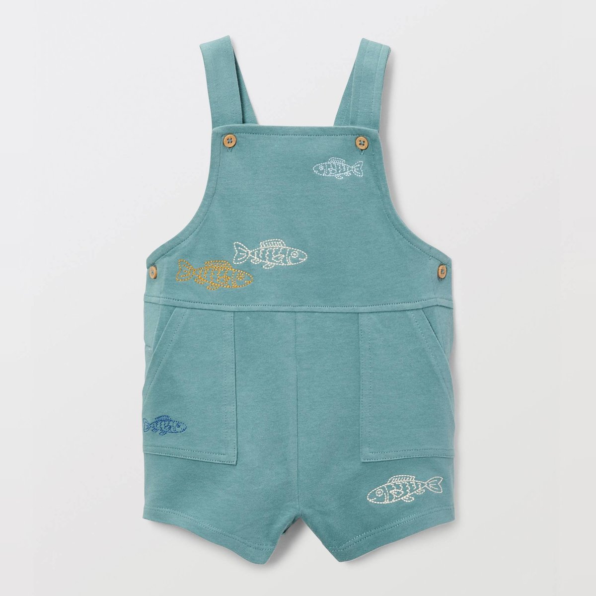 Salopette courte brodée en coton BIO GOTS lagune, BOUT'CHOU