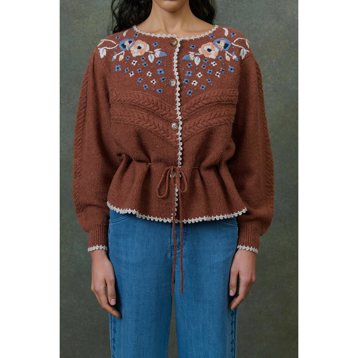 Sandya Embroidered Drawstring Cardigan chestnut, LOUISE MISHA