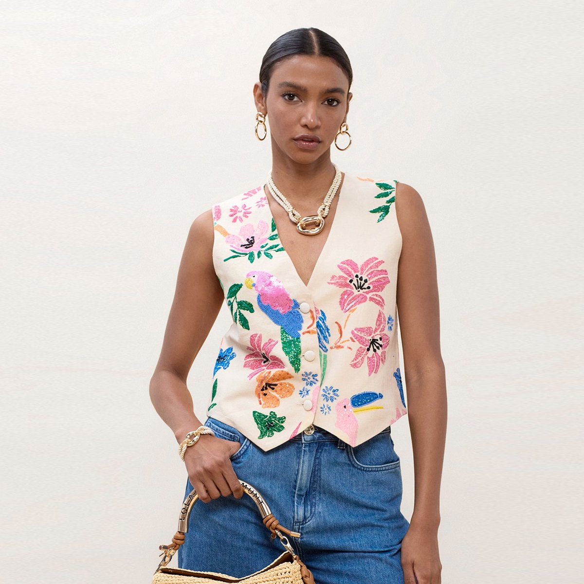 Gilet sans manches pailleté ecru, LOLA CASADEMUNT