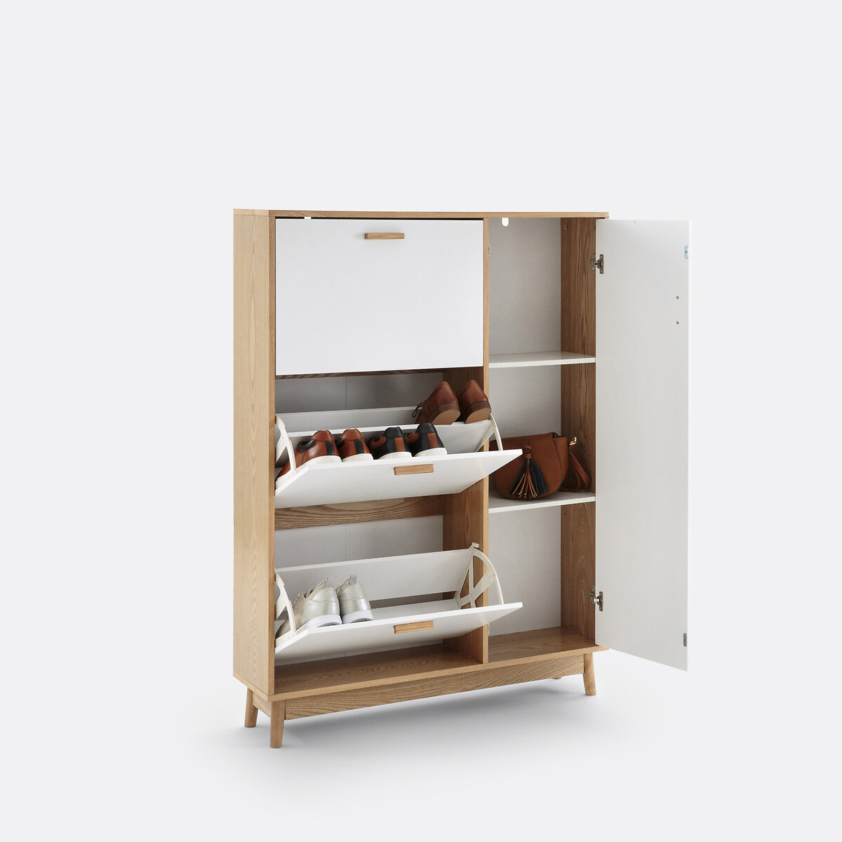Mueble zapatero Sheldon, 3 puertas abatibles y 1 puerta lateral blanco/madera, SO'HOME