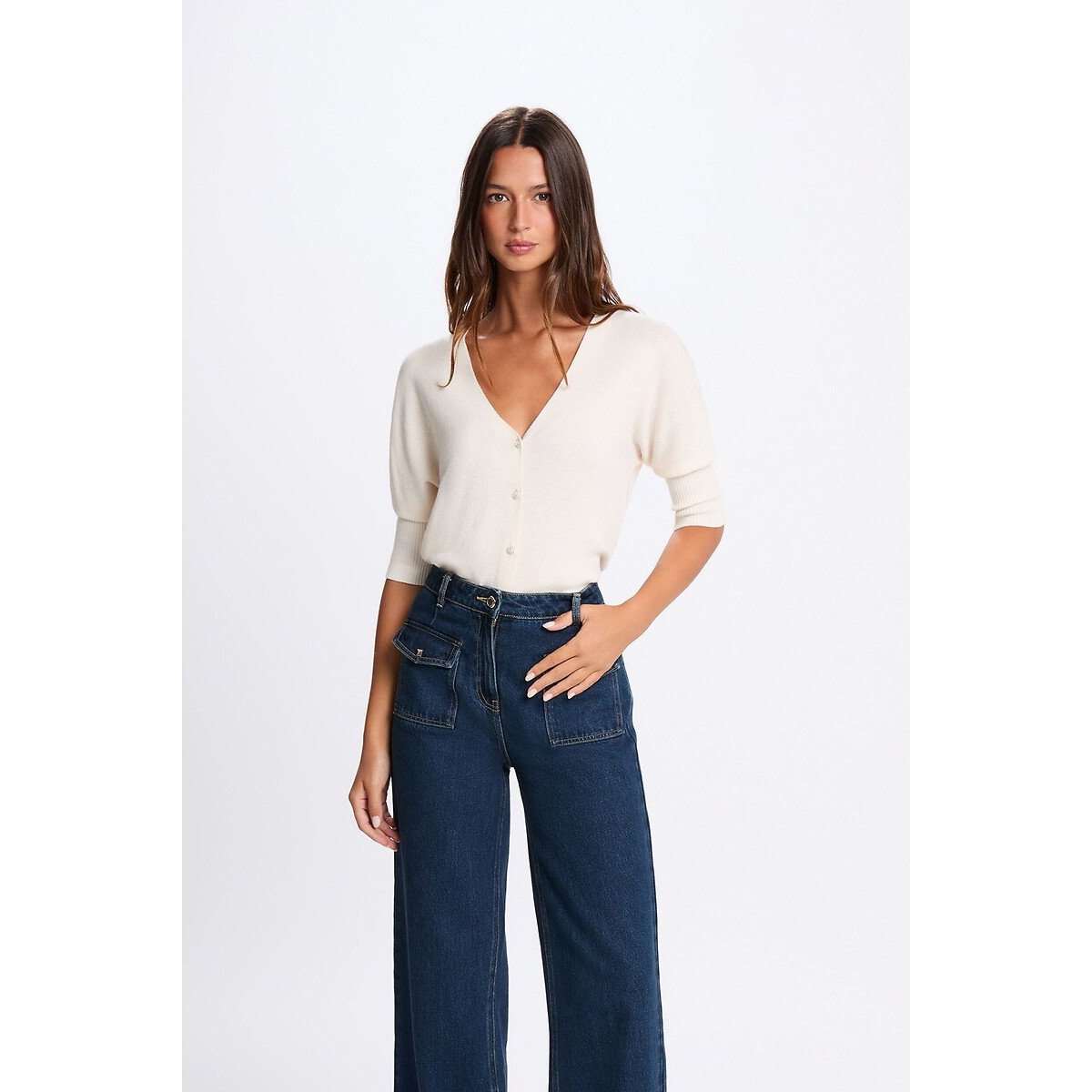 Gilet manches longues col V blanc, MORGAN
