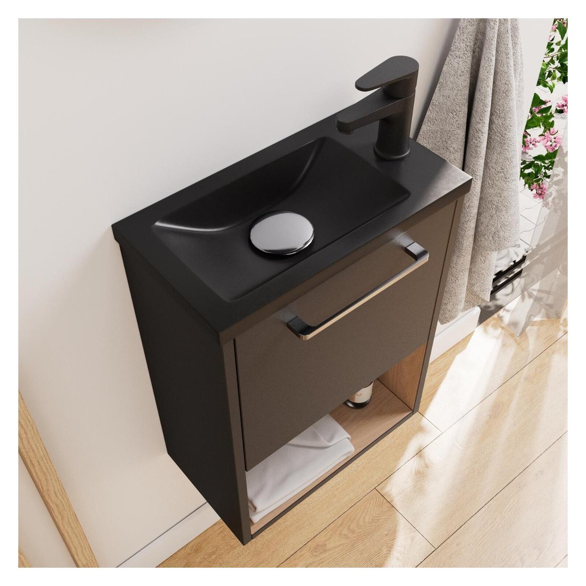 Ensemble lave-mains avec niche et miroir ovale NIKA noir et chêne, MOB IN