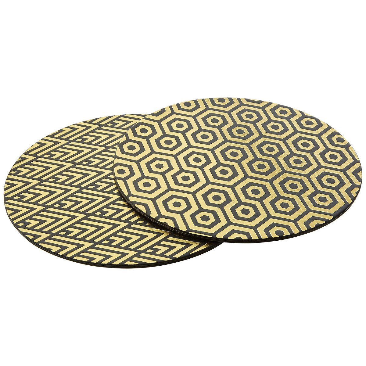 Set of 4 Round Black & Gold Leather Effect Placemats black, SO'HOME