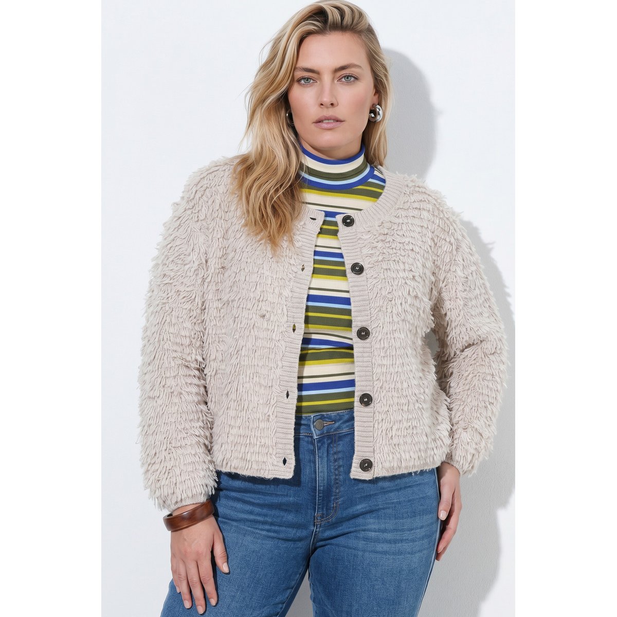 Cardigan en fil fantaisie, coupe Boxy Fit beige mélangé, ULLA POPKEN