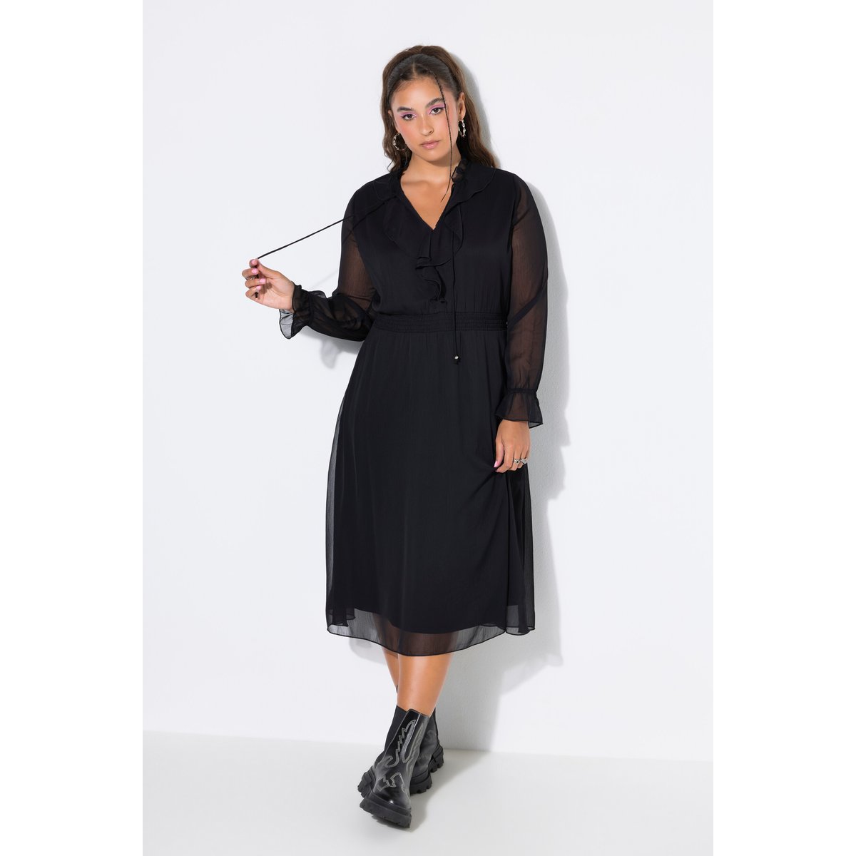Robe maxi, coupe trapèze, mousseline noir, STUDIO UNTOLD