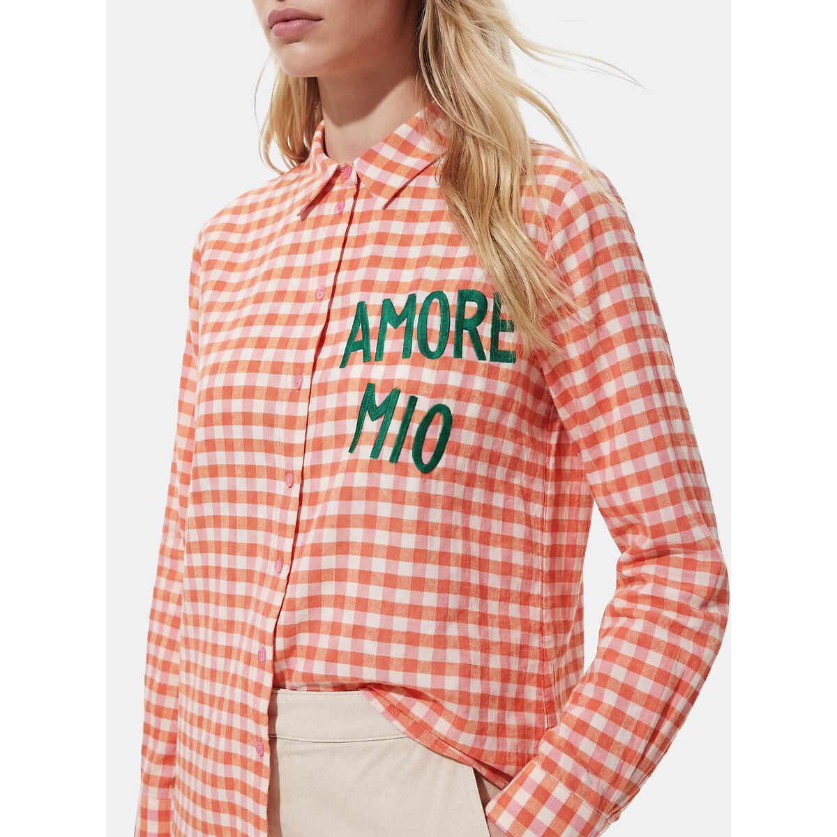 Camicia a quadri con scritta sul petto quadri rosso, PIECES