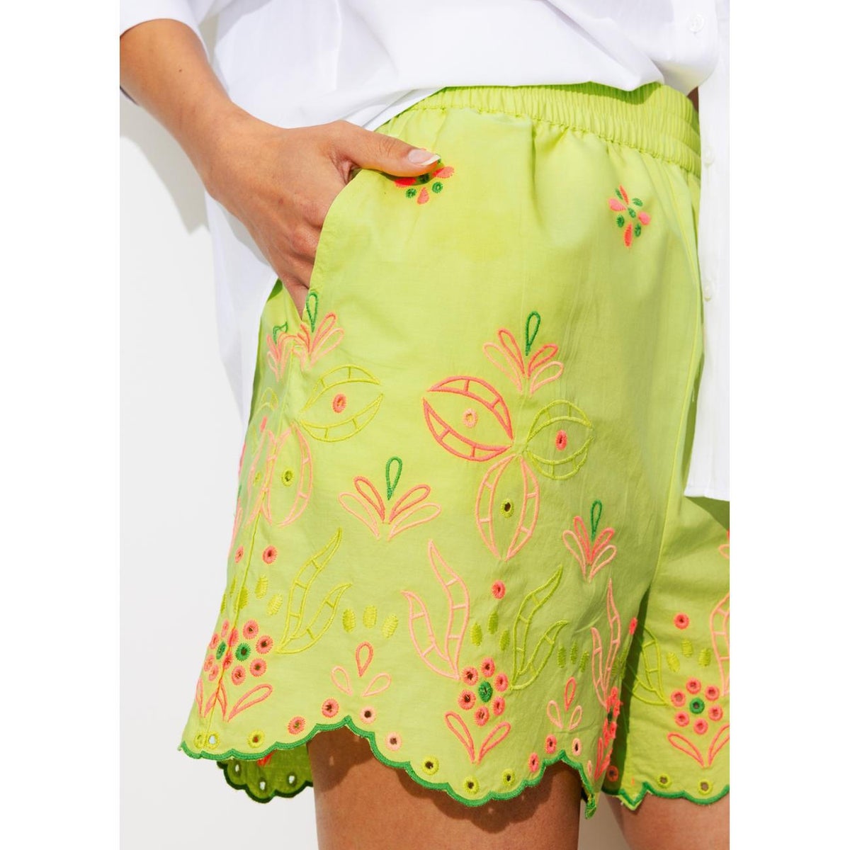 Short en coton brodé jaune fluo, PROMOD