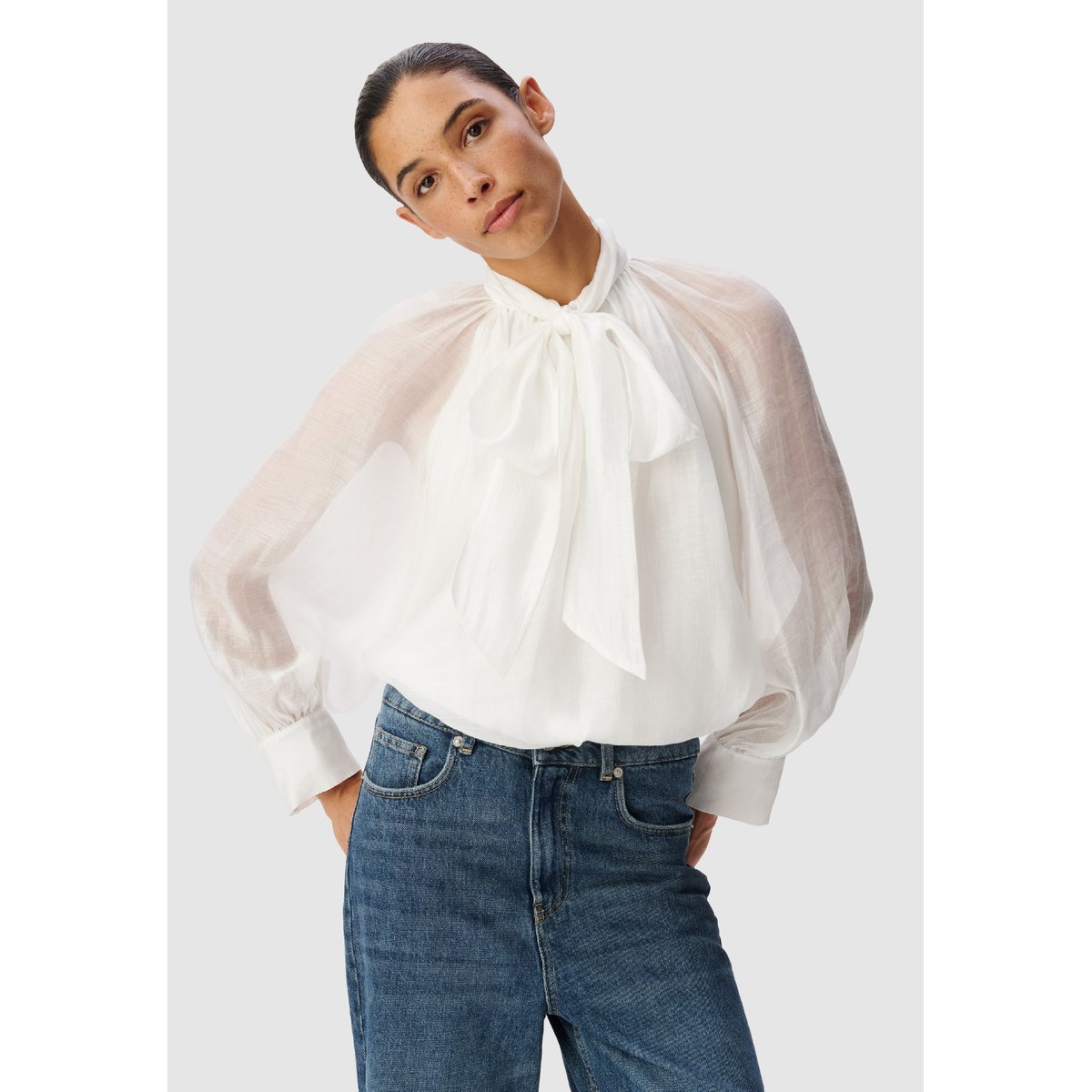 Blouse col lavallière manches ballon blanc cassé, IKKS